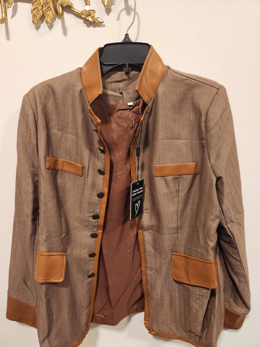 Women's Brown Contrast-Trim Casual Blazer Jacket